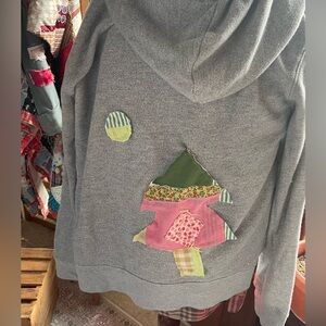 Gray Quilted Hoodie with Patchwork Tree Design